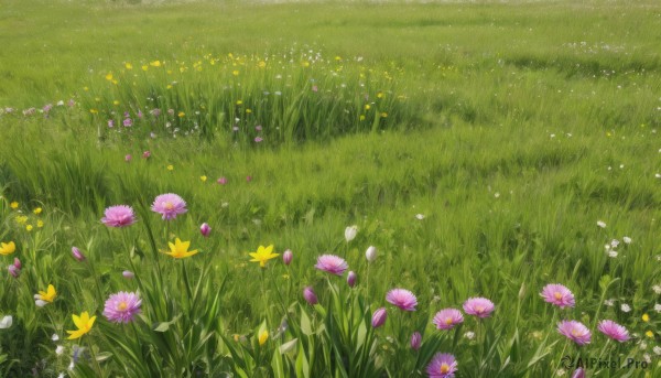 flower,outdoors,day,no humans,grass,white flower,nature,scenery,pink flower,yellow flower,purple flower,field,flower field,signature,plant,still life