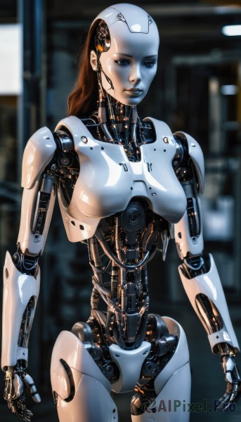 1girl,solo,long hair,breasts,looking at viewer,blue eyes,brown hair,medium breasts,standing,cowboy shot,blurry,lips,blurry background,robot,science fiction,android,joints,cable,cyborg,robot joints,cyberpunk,mechanical parts,humanoid robot,nude,small breasts,expressionless,realistic,nose,bald,damaged