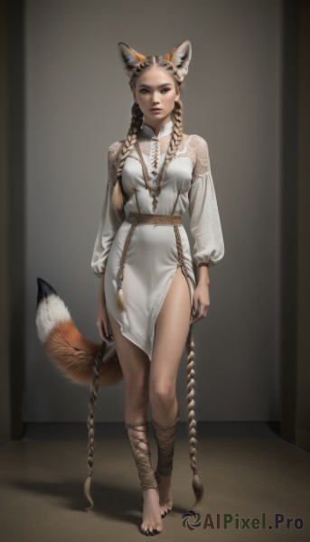 1girl,solo,long hair,breasts,looking at viewer,brown hair,long sleeves,dress,holding,animal ears,brown eyes,jewelry,medium breasts,very long hair,closed mouth,standing,tail,full body,braid,parted lips,barefoot,puffy sleeves,belt,necklace,nail polish,white dress,mole,twin braids,lips,fingernails,animal ear fluff,fox ears,toes,fox tail,shadow,fox girl,black nails,pelvic curtain,side slit,puffy long sleeves,toenails,realistic,arms at sides,toenail polish,ankle wrap,long tail,blonde hair,hair ornament,multicolored hair,makeup,facial mark,ring,extra ears,forehead,multiple braids,barefoot sandals