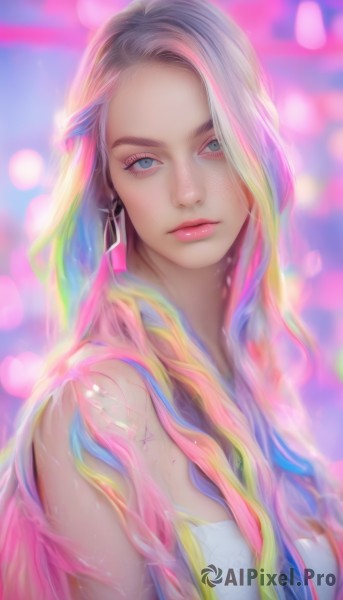 1girl,solo,long hair,breasts,looking at viewer,blue eyes,blonde hair,bare shoulders,jewelry,medium breasts,closed mouth,blue hair,upper body,pink hair,multicolored hair,earrings,blurry,two-tone hair,lips,makeup,blurry background,eyeshadow,realistic,nose,rainbow hair,artist name,streaked hair,eyelashes,tattoo,depth of field,watermark,web address,freckles,pink lips,bokeh,colorful,mascara