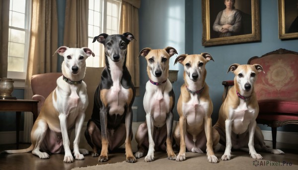 HQ,sitting,standing,day,indoors,collar,no humans,window,animal,chair,crossed arms,table,curtains,couch,dog,realistic,animal focus,picture frame,painting (object),looking at viewer,open mouth,horns,tongue,sunlight,animal collar,portrait (object)