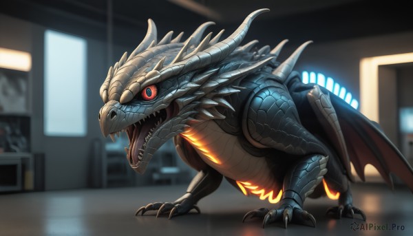 HQ,solo,open mouth,blue eyes,red eyes,tail,wings,teeth,tongue,indoors,blurry,pokemon (creature),no humans,blurry background,fangs,sharp teeth,slit pupils,claws,colored sclera,monster,dragon,black sclera,scales,monitor,kaijuu,standing,glowing,fire,spikes