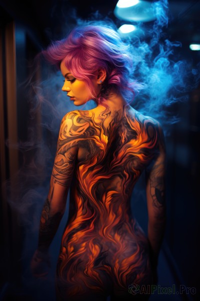 1girl,solo,short hair,jewelry,closed eyes,pink hair,purple hair,ass,nude,earrings,looking back,from behind,lips,tattoo,profile,makeup,back,lipstick,smoke,realistic,nose,stud earrings,back tattoo,full-body tattoo,glowing,piercing,ear piercing