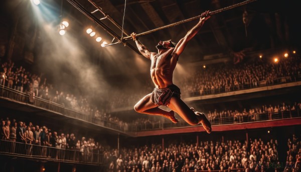 1boy,holding,male focus,multiple boys,shorts,barefoot,solo focus,indoors,arms up,muscular,muscular male,6+boys,topless male,jumping,light,dancing,crowd,stage,spotlight,stage lights,pole dancing,people,stadium,concert,audience,tattoo,abs,rope,realistic,loincloth,hanging,wrestling ring