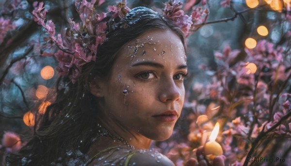 1girl,solo,long hair,looking at viewer,black hair,hair ornament,brown eyes,jewelry,closed mouth,flower,outdoors,looking back,hair flower,dark skin,necklace,from behind,blurry,black eyes,dark-skinned female,tree,lips,depth of field,blurry background,portrait,nature,freckles,realistic,nose,branch,gem