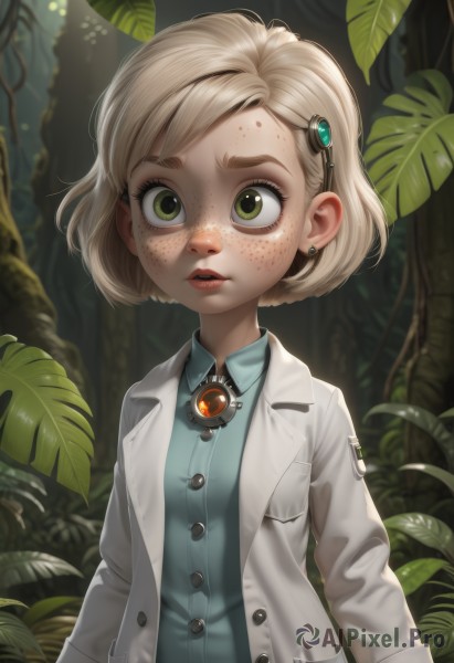 1girl,solo,looking at viewer,short hair,open mouth,blonde hair,shirt,hair ornament,long sleeves,jewelry,green eyes,jacket,upper body,earrings,outdoors,parted lips,open clothes,teeth,hairclip,collared shirt,tree,lips,buttons,leaf,blue shirt,plant,gem,child,nature,forest,freckles,wide-eyed,labcoat,female child,stud earrings,artist name,aged down,brooch,nose