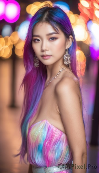 1girl,solo,long hair,breasts,looking at viewer,black hair,dress,bare shoulders,brown eyes,jewelry,closed mouth,blue hair,upper body,purple hair,multicolored hair,earrings,belt,artist name,necklace,blurry,black eyes,from side,two-tone hair,lips,looking to the side,strapless,gradient hair,makeup,depth of field,blurry background,watermark,strapless dress,web address,freckles,realistic,nose,bokeh,medium breasts,purple eyes,eyelashes,piercing,eyeshadow,mascara