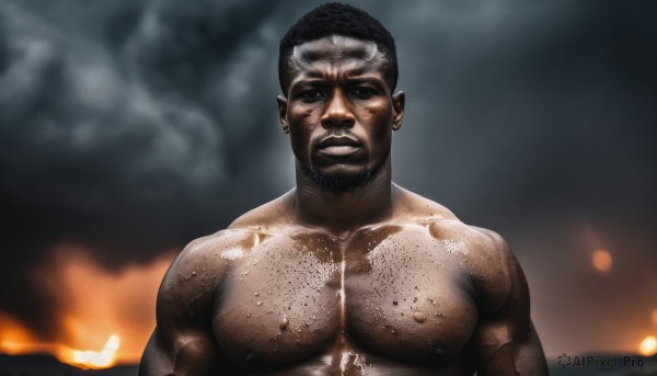 solo,looking at viewer,short hair,black hair,1boy,jewelry,upper body,white hair,male focus,multicolored hair,earrings,teeth,dark skin,blurry,black eyes,two-tone hair,muscular,blurry background,facial hair,piercing,dark-skinned male,fire,pectorals,muscular male,bara,beard,topless male,mature male,realistic,mustache,manly,chest hair,closed mouth,nipples,nude,pointy ears,abs,thick eyebrows,large pectorals