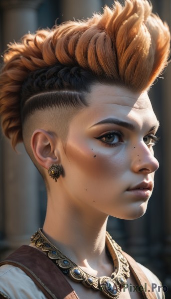 1girl,solo,looking at viewer,short hair,brown hair,black hair,1boy,brown eyes,jewelry,closed mouth,male focus,multicolored hair,earrings,artist name,necklace,orange hair,mole,blurry,vest,two-tone hair,lips,eyelashes,mole under eye,blurry background,portrait,freckles,realistic,nose,undercut