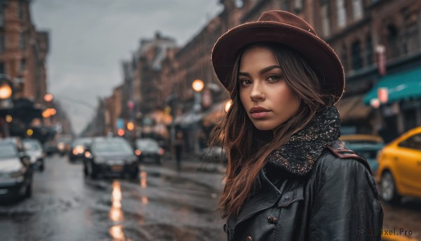 1girl,solo,long hair,looking at viewer,brown hair,hat,brown eyes,closed mouth,jacket,upper body,outdoors,scarf,blurry,lips,coat,black jacket,buttons,depth of field,blurry background,ground vehicle,building,motor vehicle,freckles,city,realistic,nose,brown headwear,car,road,cowboy hat,leather jacket,denim jacket,day,from side,makeup,lipstick,leather,street,bokeh