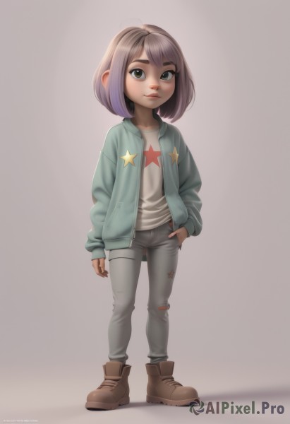 1girl,solo,looking at viewer,short hair,bangs,simple background,brown hair,shirt,long sleeves,closed mouth,green eyes,standing,jacket,full body,white shirt,grey hair,boots,open clothes,pants,artist name,medium hair,grey background,star (symbol),open jacket,lips,grey eyes,torn clothes,shadow,watermark,brown footwear,denim,blue jacket,child,arm at side,hand in pocket,jeans,female child,star print,grey pants,torn pants,torn jeans,smile,white background,shoes,signature,thick eyebrows,web address,nose