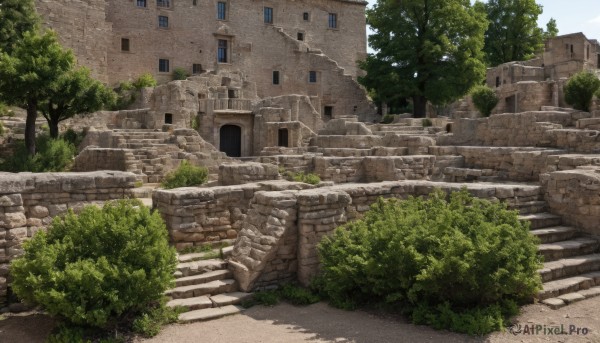 outdoors,sky,day,tree,no humans,window,shadow,grass,plant,building,scenery,stairs,road,bush,wall,ruins,house,brick wall,cloud,blue sky,path,stone stairs