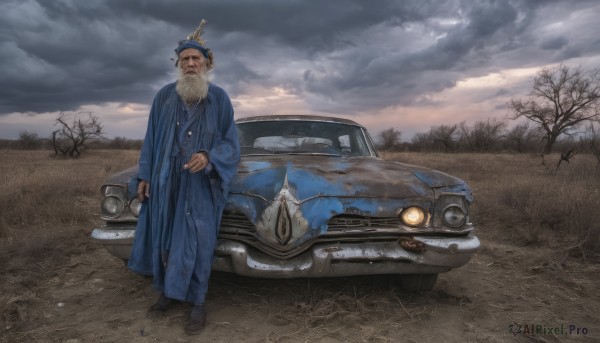 solo,1boy,standing,weapon,white hair,male focus,outdoors,sky,cloud,tree,gun,facial hair,cloudy sky,ground vehicle,motor vehicle,beard,realistic,mustache,car,old,vehicle focus,old man,sports car,long sleeves,hat,holding,shoes,coat,brown footwear,helmet,bare tree,blue coat,grey sky