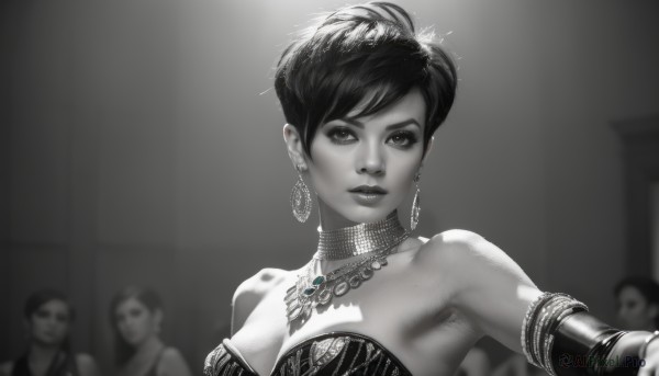 1girl,breasts,looking at viewer,short hair,bangs,hair ornament,dress,cleavage,bare shoulders,jewelry,medium breasts,closed mouth,monochrome,upper body,greyscale,earrings,detached sleeves,multiple boys,solo focus,choker,armpits,necklace,blurry,lips,eyelashes,strapless,makeup,depth of field,single hair bun,outstretched arm,gem,strapless dress,armlet,spot color,realistic,nose,reaching towards viewer,solo,multiple girls,large breasts,collarbone,parted lips,artist name,grey background,hair bun,bracelet,gradient,gradient background,lipstick,neck ring