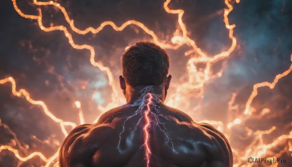 solo, black hair, 1boy, upper body, male focus, dark skin, from behind, muscular, back, electricity, facing away, lightning