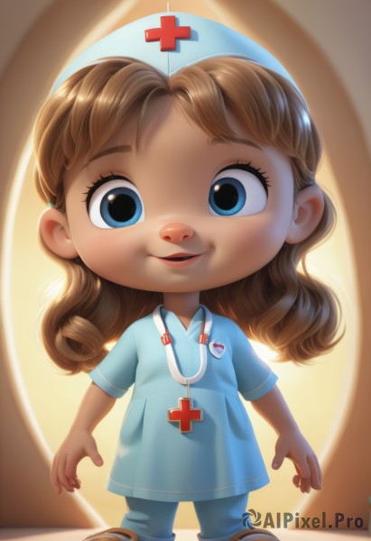 1girl,solo,long hair,looking at viewer,smile,open mouth,blue eyes,brown hair,shirt,hat,standing,full body,short sleeves,parted lips,shoes,pants,lips,cross,blue shirt,child,nurse cap,blue pants,female child,nurse,stethoscope,red cross,bangs,dress,chibi,eyelashes,blue dress,name tag,kindergarten uniform