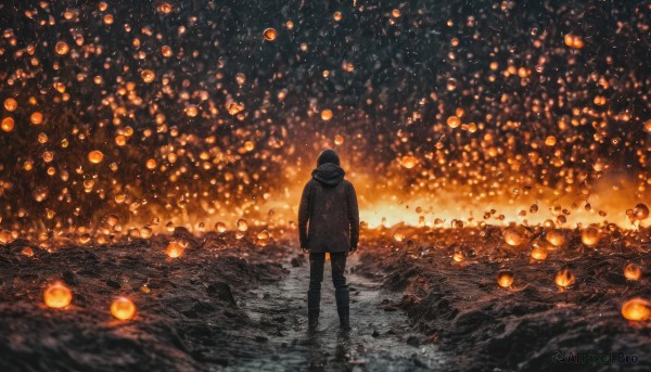 1girl, solo, standing, boots, outdoors, sky, pants, hood, from behind, black footwear, coat, night, night sky, scenery, arms at sides, facing away, ambiguous gender