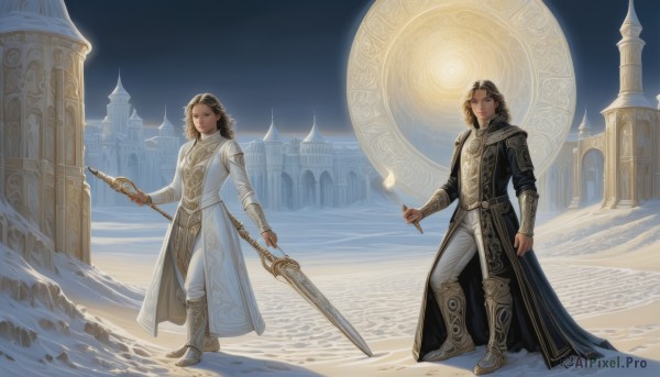 1girl,long hair,looking at viewer,short hair,brown hair,black hair,long sleeves,1boy,holding,brown eyes,jewelry,closed mouth,standing,weapon,boots,outdoors,sky,pants,sword,medium hair,holding weapon,armor,coat,siblings,holding sword,snow,walking,robe,white pants,fantasy,pillar,castle,dress,hood,white dress,night,facial hair,moon,polearm,staff,full moon,torch