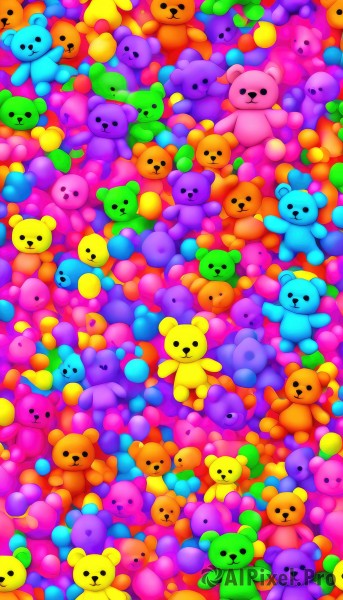 looking at viewer,smile,open mouth,closed mouth,artist name,black eyes,no humans,watermark,stuffed toy,stuffed animal,teddy bear,animal focus,solid circle eyes,too many,closed eyes,heart,:3,:<,doll,alternate color,everyone,stuffed bunny,bear,colorful,odd one out,orange skin