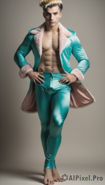 solo,looking at viewer,short hair,blonde hair,simple background,1boy,navel,brown eyes,standing,jacket,full body,male focus,multicolored hair,open clothes,barefoot,pants,two-tone hair,open jacket,lips,coat,fur trim,muscular,abs,pectorals,hands on hips,open coat,realistic,blue pants,brown hair,artist name,manly,green pants