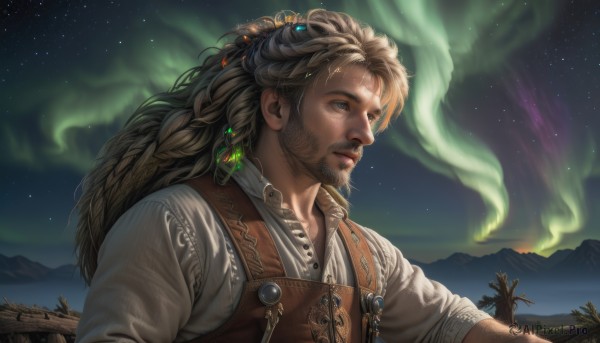 solo,long hair,blue eyes,blonde hair,brown hair,shirt,hair ornament,1boy,jewelry,white shirt,upper body,braid,male focus,outdoors,parted lips,sky,vest,tree,lips,night,facial hair,scar,looking away,looking up,gem,star (sky),night sky,beard,scar on face,starry sky,mountain,realistic,nose,looking afar,manly,brown vest,mountainous horizon,aurora,watermark