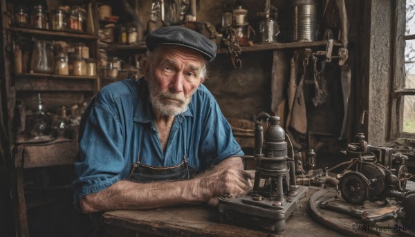 solo,looking at viewer,shirt,1boy,hat,sitting,closed mouth,upper body,grey hair,male focus,indoors,window,facial hair,beret,chair,table,bottle,beard,sleeves rolled up,cigarette,realistic,mustache,smoking,overalls,manly,old,old man,arm hair,wrinkled skin,blue eyes,day,collared shirt,apron,tree,blue shirt,jar