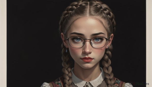 1girl,solo,long hair,looking at viewer,blue eyes,simple background,brown hair,shirt,jewelry,closed mouth,white shirt,braid,earrings,glasses,collared shirt,twin braids,lips,makeup,lipstick,black background,portrait,freckles,black-framed eyewear,realistic,round eyewear,red lips,blush,eyelashes,border,thick eyebrows,forehead,nose