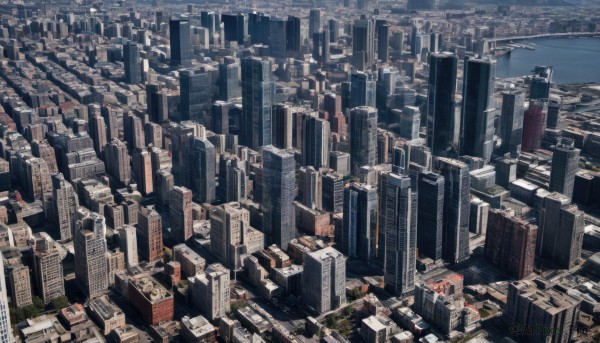 outdoors,sky,water,dutch angle,no humans,from above,building,scenery,city,cityscape,river,skyscraper,day,cloud,ocean,horizon,city lights,skyline,real world location