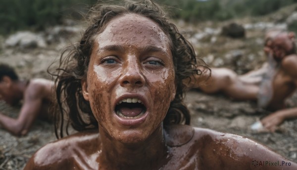 1girl,long hair,looking at viewer,open mouth,blue eyes,multiple girls,brown hair,black hair,nude,outdoors,multiple boys,teeth,solo focus,2boys,water,blurry,wet,depth of field,blurry background,parody,towel,rock,realistic,onsen,1boy,male focus,lying,facial hair,stubble,what