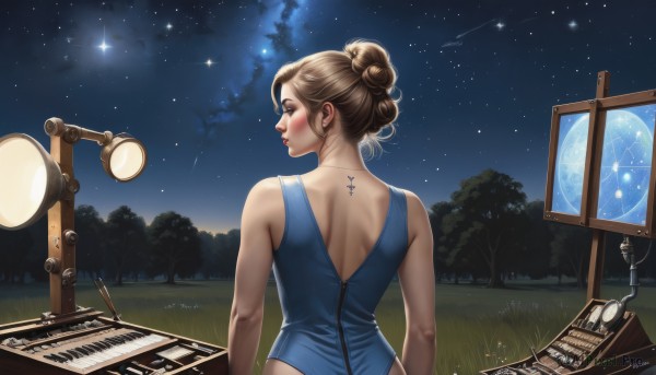 1girl,solo,blush,short hair,brown hair,bare shoulders,brown eyes,jewelry,outdoors,sky,hair bun,from behind,star (symbol),leotard,tree,lips,one-piece swimsuit,tattoo,night,back,moon,single hair bun,grass,instrument,star (sky),nature,night sky,forest,starry sky,blue leotard,shooting star,constellation,piano,keyboard (instrument),blonde hair,closed eyes,upper body,artist name,signature,profile,makeup,lipstick,zipper,realistic,nose,red lips,sheet music