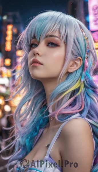 1girl,solo,long hair,breasts,looking at viewer,bangs,blue eyes,dress,cleavage,bare shoulders,jewelry,medium breasts,closed mouth,blue hair,collarbone,upper body,multicolored hair,hairband,outdoors,sky,sleeveless,artist name,necklace,blurry,from side,two-tone hair,lips,grey eyes,eyelashes,makeup,night,depth of field,blurry background,night sky,realistic,nose,hair ornament,underwear,pink hair,grey hair,parted lips,choker,bra,streaked hair,watermark,gem,web address,white bra,bokeh,city lights