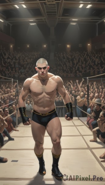 looking at viewer,short hair,gloves,1boy,navel,underwear,nipples,full body,weapon,male focus,thighs,boots,multiple boys,shorts,solo focus,black gloves,socks,indoors,fingerless gloves,black footwear,muscular,facial hair,thick thighs,black shorts,abs,sunglasses,thick eyebrows,pectorals,muscular male,bara,clenched hands,large pectorals,6+boys,bulge,topless male,bald,very short hair,manly,male underwear,chest hair,biceps,crowd,wrestling outfit,wrestling ring,army,holding,closed mouth,standing,white hair,artist name,realistic,stage