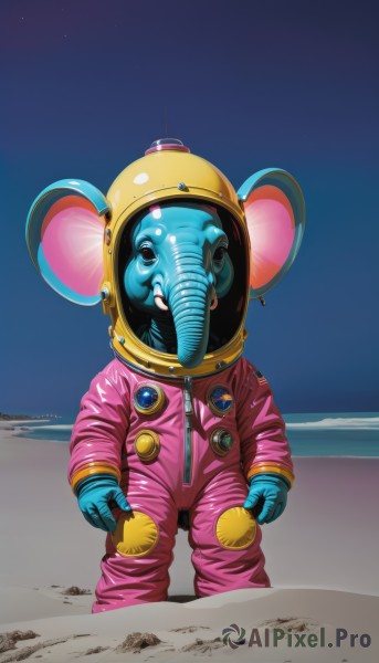 solo,gloves,animal ears,standing,outdoors,sky,teeth,black eyes,cosplay,colored skin,helmet,star (sky),1other,zipper,realistic,mouse ears,sand,blue skin,space,zipper pull tab,planet,ambiguous gender,spacesuit,buck teeth,space helmet,astronaut,signature,no humans,moon,2020,desert