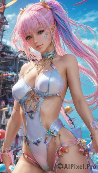 1girl,solo,long hair,breasts,looking at viewer,smile,bangs,large breasts,hair ornament,cleavage,bare shoulders,twintails,brown eyes,jewelry,medium breasts,closed mouth,green eyes,standing,collarbone,swimsuit,ponytail,pink hair,heart,thighs,cowboy shot,earrings,outdoors,sky,choker,day,cloud,water,necklace,blurry,bracelet,blue sky,lips,one-piece swimsuit,grey eyes,blurry background,gem,ribbon,hair ribbon,artist name,realistic,white one-piece swimsuit