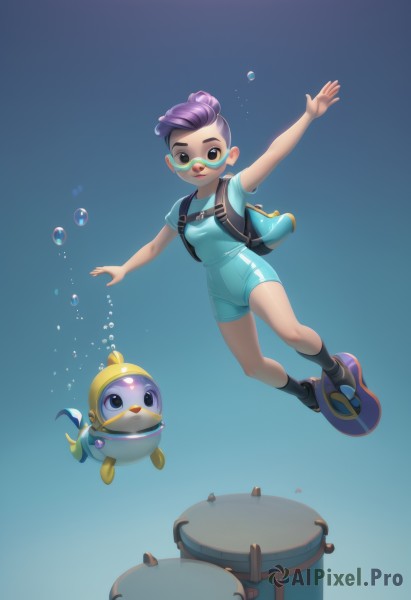 1girl,looking at viewer,smile,short hair,shirt,full body,purple hair,short sleeves,shoes,socks,dark skin,bag,hair bun,dark-skinned female,lips,pokemon (creature),bodysuit,single hair bun,backpack,outstretched arms,blue shirt,goggles,fish,bubble,underwater,spread arms,overalls,air bubble,swimming,diving mask,breasts,open mouth,brown eyes,small breasts,parted lips,teeth,artist name,black eyes,arm up,gradient,gradient background,animal,blue background,helmet,outstretched arm,sneakers,blue footwear,nose,creature,harness,wetsuit