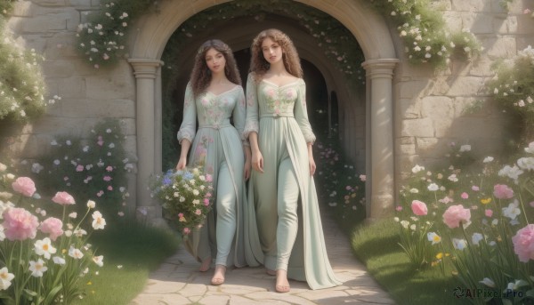 long hair,breasts,looking at viewer,smile,multiple girls,brown hair,black hair,long sleeves,dress,holding,2girls,bare shoulders,brown eyes,closed mouth,standing,collarbone,full body,closed eyes,braid,flower,outdoors,barefoot,day,pants,off shoulder,white dress,lips,petals,holding hands,siblings,floral print,sunlight,grass,plant,white flower,veil,pink flower,walking,blue flower,light rays,bouquet,yellow flower,white pants,off-shoulder dress,arms at sides,holding flower,holding bouquet,dirty,pillar,side-by-side,arch,garden,column,dirty feet,open mouth,medium breasts,parted lips,green dress,red lips,bush