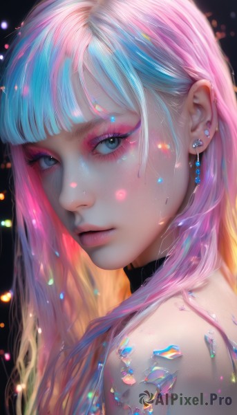 1girl,solo,long hair,looking at viewer,bangs,blue eyes,jewelry,closed mouth,blue hair,upper body,pink hair,multicolored hair,earrings,choker,blunt bangs,from side,two-tone hair,lips,eyelashes,gradient hair,makeup,piercing,ear piercing,portrait,eyeshadow,freckles,crystal,realistic,nose,eyeliner,mascara,rainbow hair,bare shoulders,artist name,watermark,expressionless,black background,gem,light particles