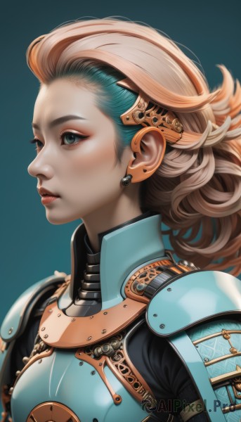 1girl,solo,long hair,short hair,blue eyes,blonde hair,simple background,brown hair,jewelry,green eyes,blue hair,upper body,multicolored hair,earrings,parted lips,armor,from side,lips,eyelashes,bodysuit,profile,makeup,blue background,looking away,lipstick,shoulder armor,eyeshadow,curly hair,pauldrons,breastplate,nose,red lips,eyeliner,looking afar,aqua background,power armor,gorget,closed mouth,two-tone hair,aqua eyes,aqua hair,forehead,realistic