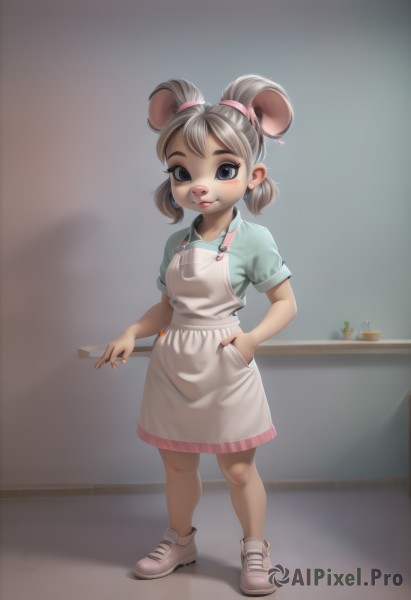 1girl,solo,looking at viewer,smile,short hair,skirt,shirt,dress,animal ears,twintails,jewelry,standing,full body,short sleeves,grey hair,earrings,shoes,artist name,indoors,nail polish,black eyes,apron,lips,makeup,white footwear,blue shirt,short twintails,sneakers,child,white apron,furry,pink skirt,cigarette,hand in pocket,mouse ears,green shirt,furry female,pink footwear,female child,mouse girl,aqua shirt,blue eyes,brown hair,holding,flat chest,nose,stud earrings,mouse