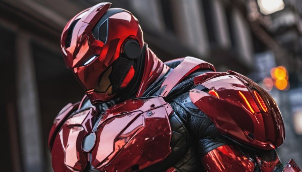 solo,1boy,upper body,male focus,armor,blurry,bodysuit,depth of field,blurry background,helmet,superhero,power armor,from side,profile,glowing,looking down,portrait,science fiction,white eyes,red armor,tokusatsu