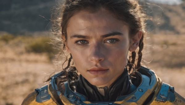 1girl,solo,looking at viewer,short hair,brown hair,brown eyes,closed mouth,braid,dark skin,blurry,dark-skinned female,lips,bodysuit,blurry background,messy hair,portrait,science fiction,realistic,nose,straight-on,black hair,expressionless,thick eyebrows,wind,close-up,freckles