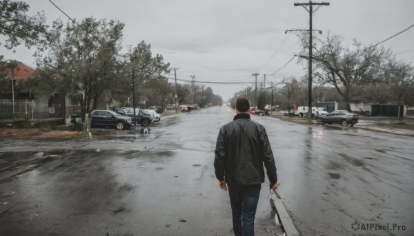 solo,black hair,long sleeves,1boy,holding,standing,jacket,male focus,outdoors,sky,pants,cloud,from behind,tree,black jacket,blood,cloudy sky,denim,ground vehicle,building,scenery,motor vehicle,walking,jeans,blue pants,car,road,police,power lines,lamppost,street,utility pole,grey sky,black pants,facing away,bare tree,overcast