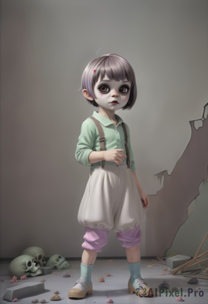 1girl,solo,looking at viewer,short hair,brown hair,shirt,hair ornament,red eyes,long sleeves,brown eyes,standing,full body,ahoge,parted lips,shoes,shorts,socks,hairclip,collared shirt,pants,nail polish,blood,buttons,brown footwear,suspenders,child,skull,white shorts,green shirt,female child,puffy shorts,lips,facepaint