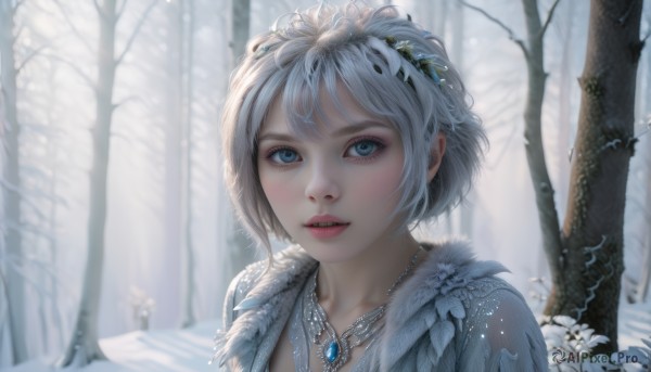 1girl,solo,looking at viewer,short hair,bangs,blue eyes,hair ornament,jewelry,collarbone,upper body,flower,white hair,outdoors,parted lips,teeth,day,artist name,necklace,blurry,tree,lips,fur trim,eyelashes,depth of field,blurry background,tiara,gem,portrait,nature,snow,pendant,forest,snowing,realistic,nose,winter,bare tree,blush,grey hair,makeup,white flower