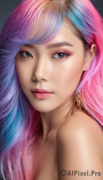 1girl,solo,long hair,breasts,looking at viewer,bangs,simple background,cleavage,bare shoulders,brown eyes,jewelry,medium breasts,closed mouth,blue hair,upper body,pink hair,multicolored hair,earrings,grey background,black eyes,two-tone hair,lips,eyelashes,gradient hair,makeup,lipstick,portrait,eyeshadow,realistic,nose,eyeliner,mascara,swept bangs