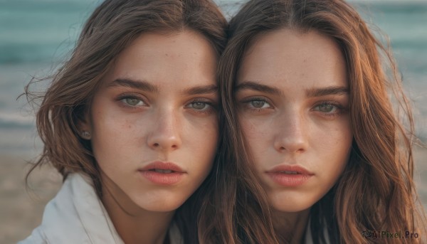 long hair,looking at viewer,short hair,multiple girls,brown hair,shirt,2girls,brown eyes,jewelry,green eyes,white shirt,earrings,parted lips,medium hair,blurry,lips,grey eyes,blurry background,portrait,freckles,realistic,bangs,outdoors,teeth,eyelashes,depth of field,thick eyebrows,wind,messy hair,close-up,forehead,red lips,side-by-side