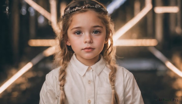 1girl,solo,long hair,looking at viewer,blue eyes,blonde hair,brown hair,shirt,closed mouth,white shirt,upper body,braid,hairband,parted lips,collared shirt,blurry,twin braids,lips,grey eyes,dress shirt,buttons,depth of field,blurry background,freckles,realistic,nose,bokeh,hair over shoulder,light,laser