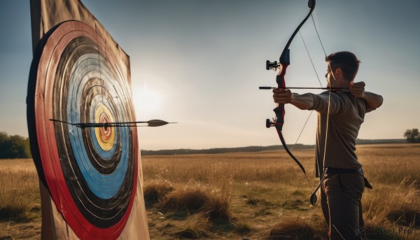 solo,short hair,brown hair,black hair,gloves,1boy,holding,standing,weapon,male focus,outdoors,sky,pants,hood,from behind,holding weapon,from side,hoodie,black pants,grass,outstretched arm,scenery,sunset,bow (weapon),arrow (projectile),sun,field,holding bow (weapon),aiming,holding arrow,drawing bow,archery,shirt,short sleeves,belt,tree,hood down,nature,realistic,quiver