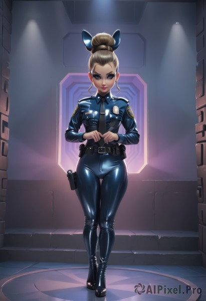 1girl,solo,breasts,looking at viewer,short hair,blue eyes,blonde hair,brown hair,shirt,standing,full body,weapon,boots,necktie,shiny,belt,hair bun,uniform,lips,gun,bodysuit,makeup,thigh gap,single hair bun,blue shirt,lipstick,skin tight,black necktie,handgun,shiny clothes,pouch,blue necktie,holster,belt pouch,police,latex,police uniform,policewoman,police hat,holstered weapon,hair ornament,artist name,indoors,high heels,pocket,platform footwear