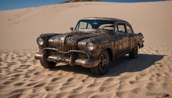 outdoors,artist name,signature,no humans,shadow,ground vehicle,motor vehicle,realistic,sand,car,vehicle focus,desert,wheel,truck,tire,dated,beach,sports car